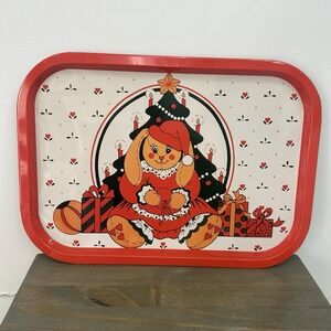 Vintage Metal Serving Tray Rabbit Bunny Santa Hat Eden Christmas Co. 15" X 11"